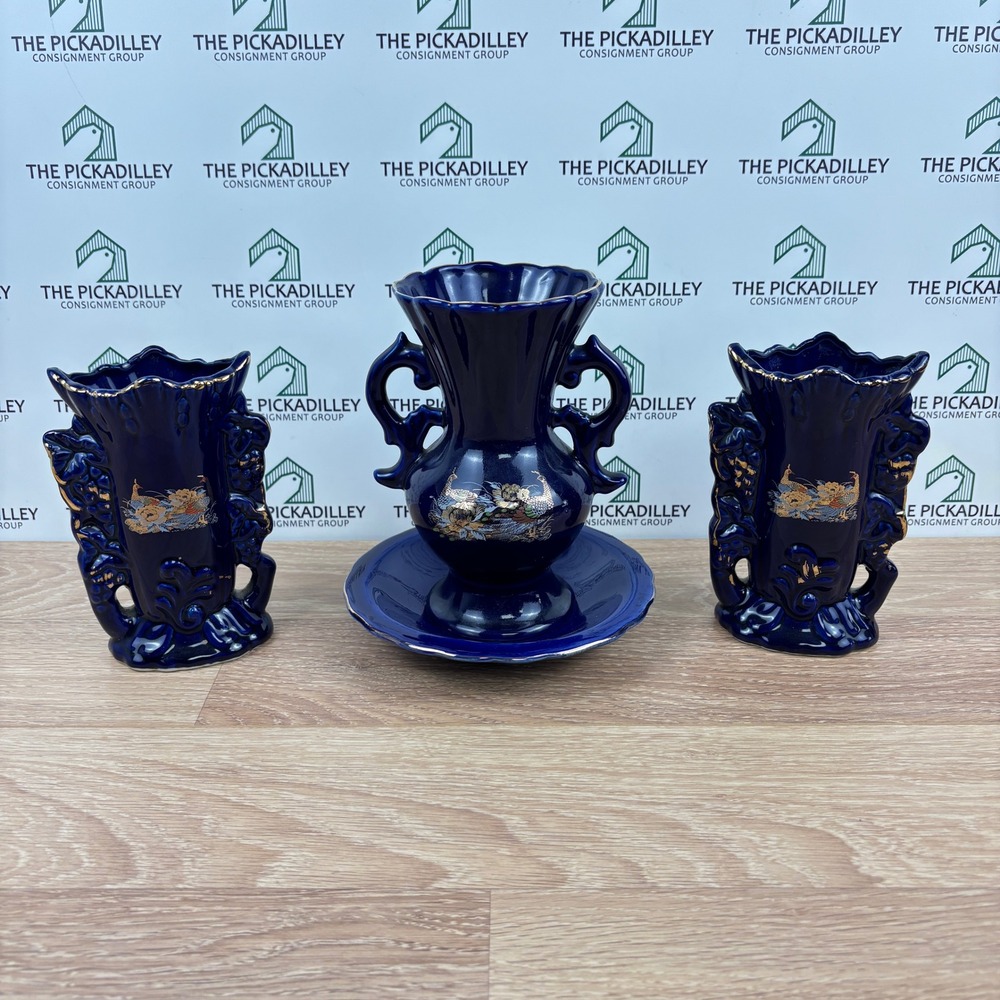 Vintage Cobalt Blue Gold Gilt Peacock Vase Set 4 Piece Handled Floral Decor